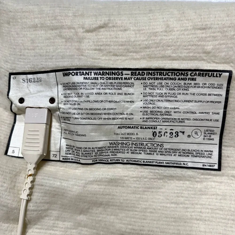 Vintage St. Mary's Heated Electric Blanket Full Size Automatic Cream Satin Trim - Picture 7 of 7